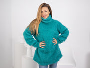Turquoise Fluffy Alpaca Turtleneck Sweater T1747
