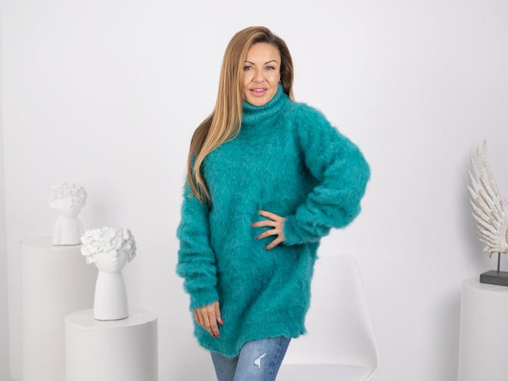 Hairy Turquoise Alpaca Sweater, Hand-Knitted Fluffy Jumper in Soft Natural Fiber Yarn T1747