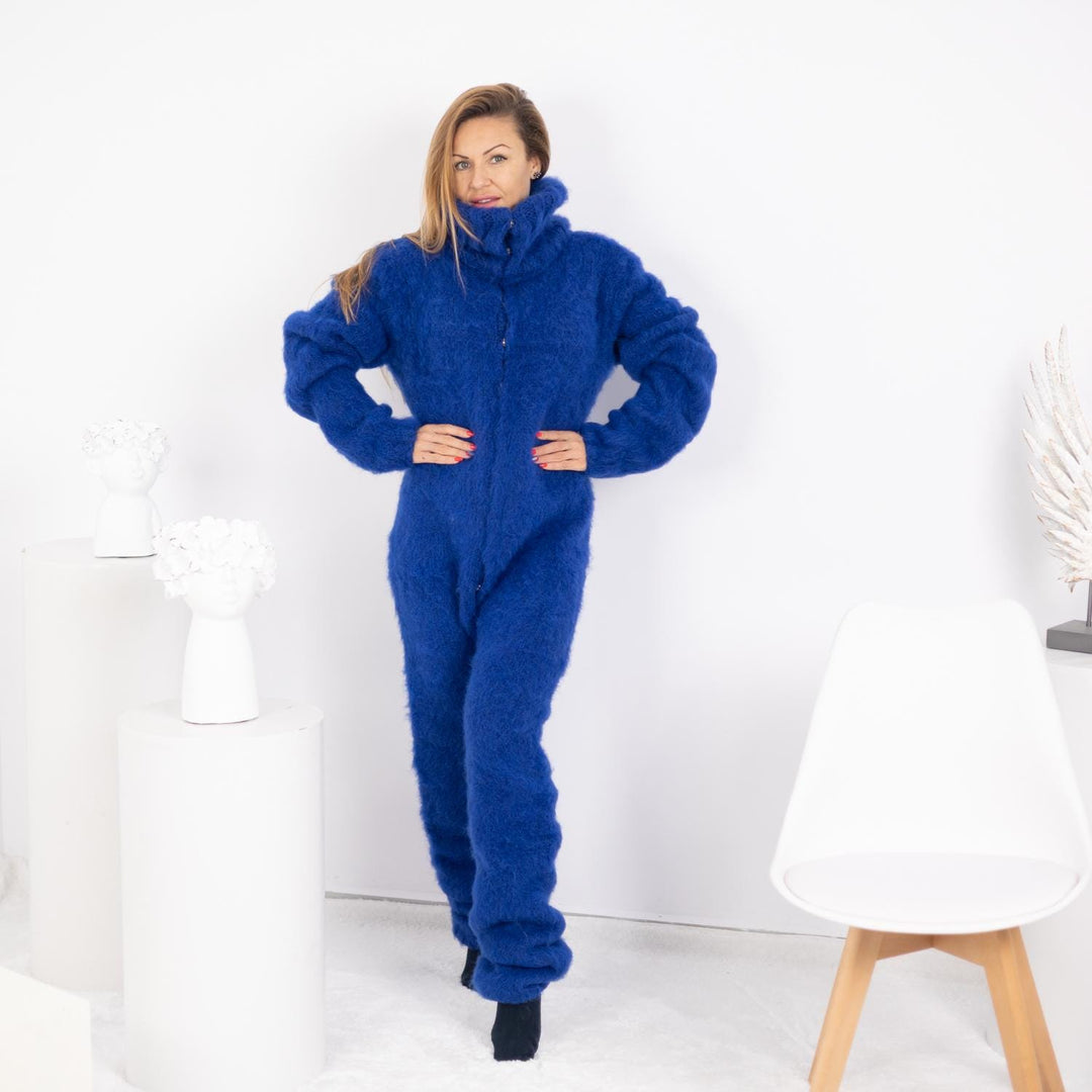 One available sweater in size 3XL, Hand Knitted Blue Catsuit in Italian Alpaca T1755