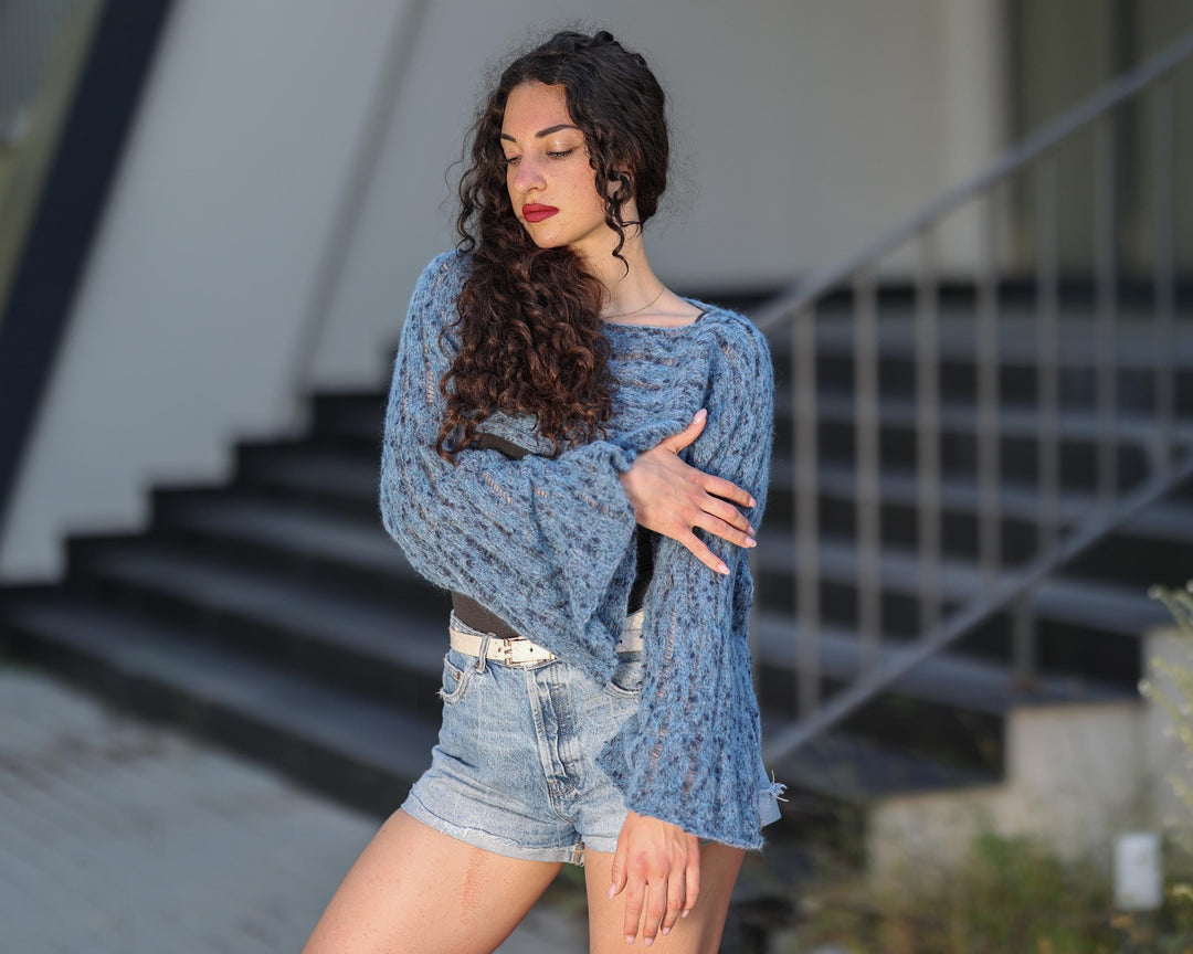 Blue Alpaca Cropped Top with Bell Sleeves, Hand-Knitted Lightweight Boho Pullover T1780