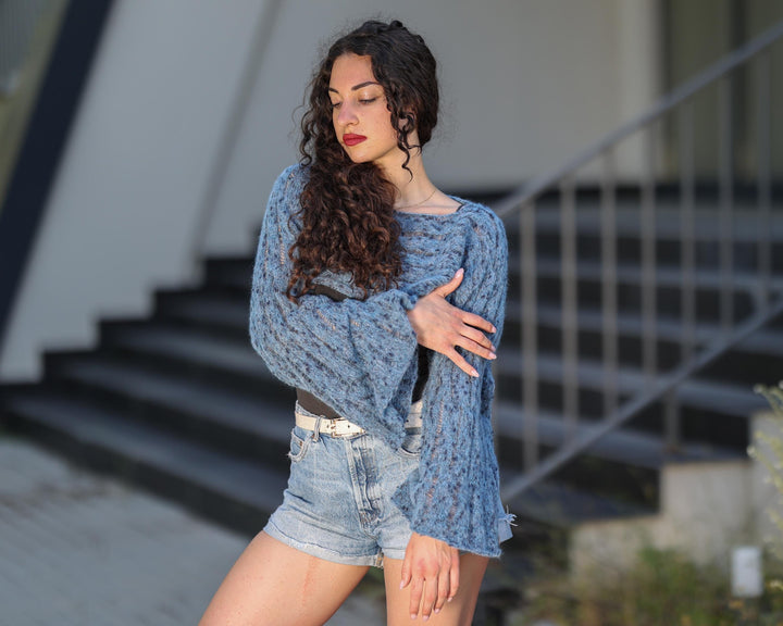 Blue Alpaca Cropped Top with Bell Sleeves, Hand-Knitted Lightweight Boho Pullover T1780