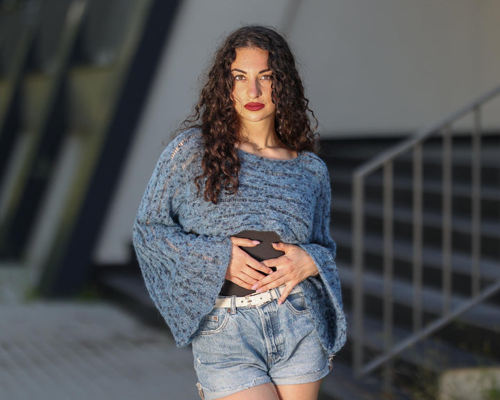 Blue Alpaca Cropped Top with Bell Sleeves, Hand-Knitted Lightweight Boho Pullover T1780