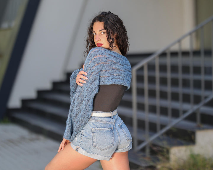 One available in Onesize, Hand-Knitted Blue Alpaca Cropped Top with Bell Sleeves T1780