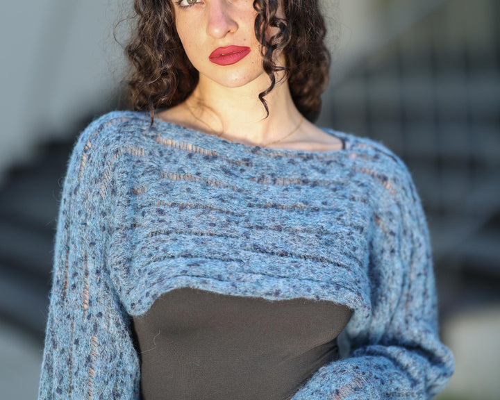 One available in Onesize, Hand-Knitted Blue Alpaca Cropped Top with Bell Sleeves T1780