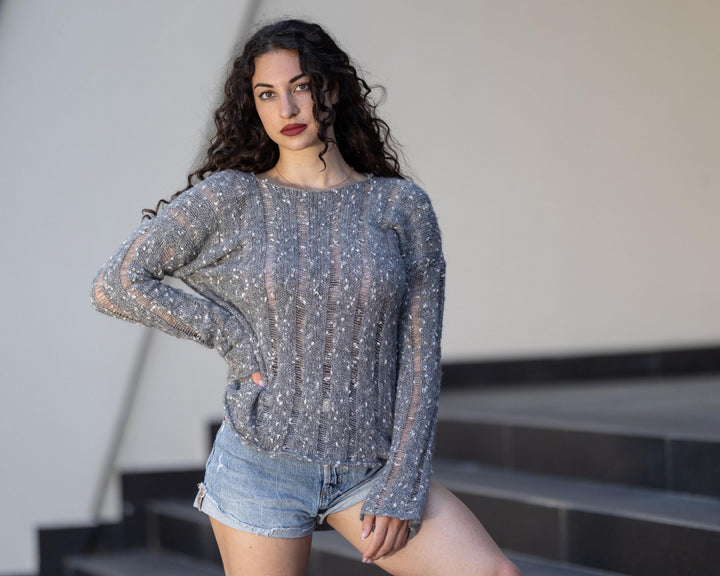 Transparent Alpaca Merino Sweater, Hand-Knitted Lightweight Sheer Pullover for Women T1778