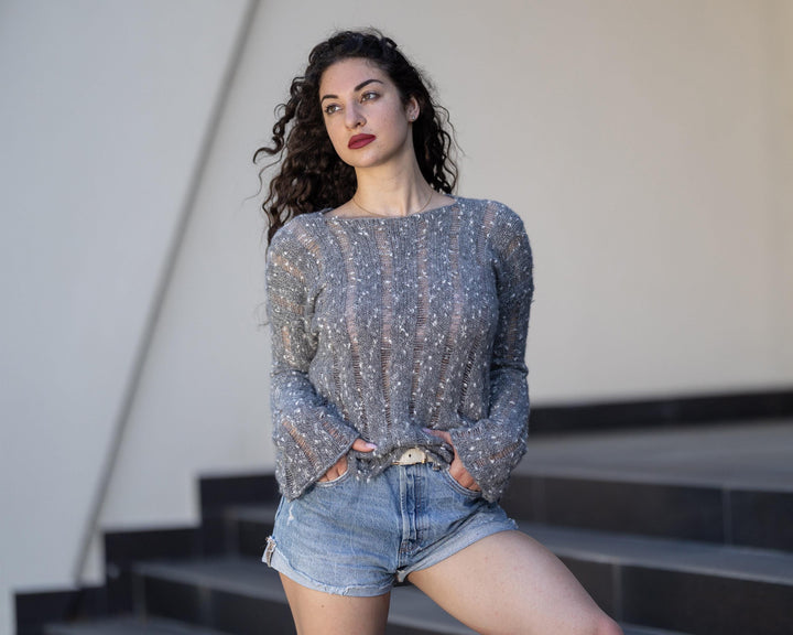 Transparent Alpaca Merino Sweater, Hand-Knitted Lightweight Sheer Pullover for Women T1778