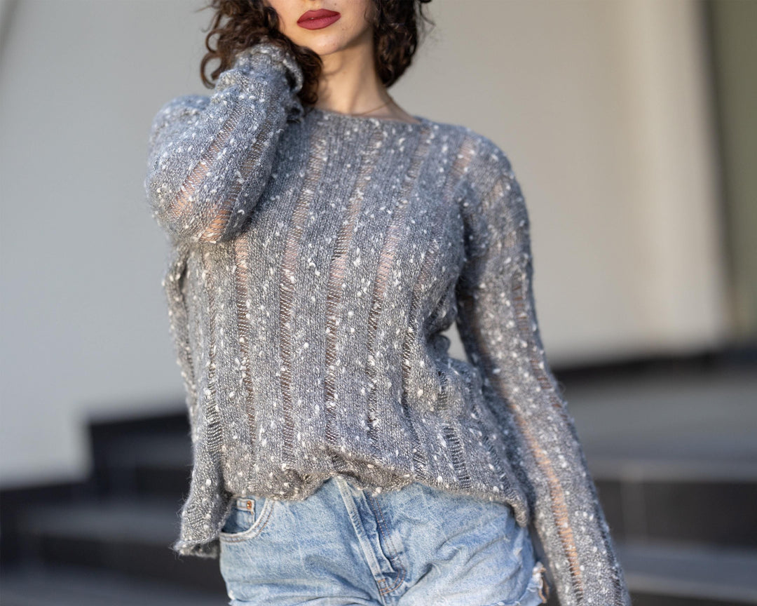 One available in size L, Hand-Knitted Transparent Alpaca Merino Sweater T1778