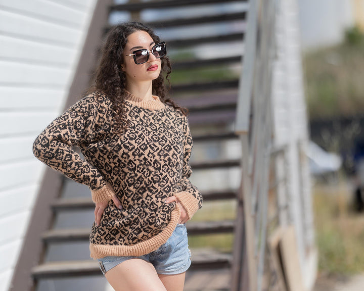 Leopard Print Alpaca Sweater – Hand Knitted Baby Alpaca Merino Pullover T1776