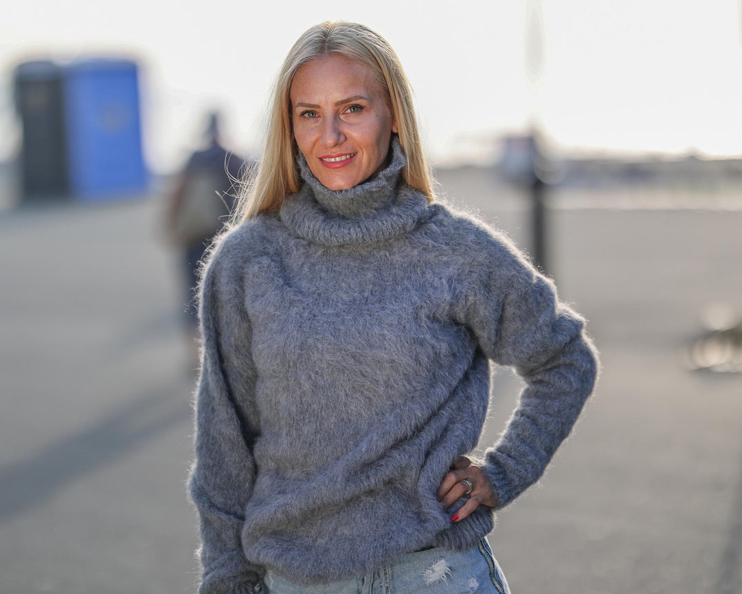 Gray Fluffy Alpaca and Merino Jumper, Hand-Knitted Brushed Sweater in Soft Natural Yarn T1763