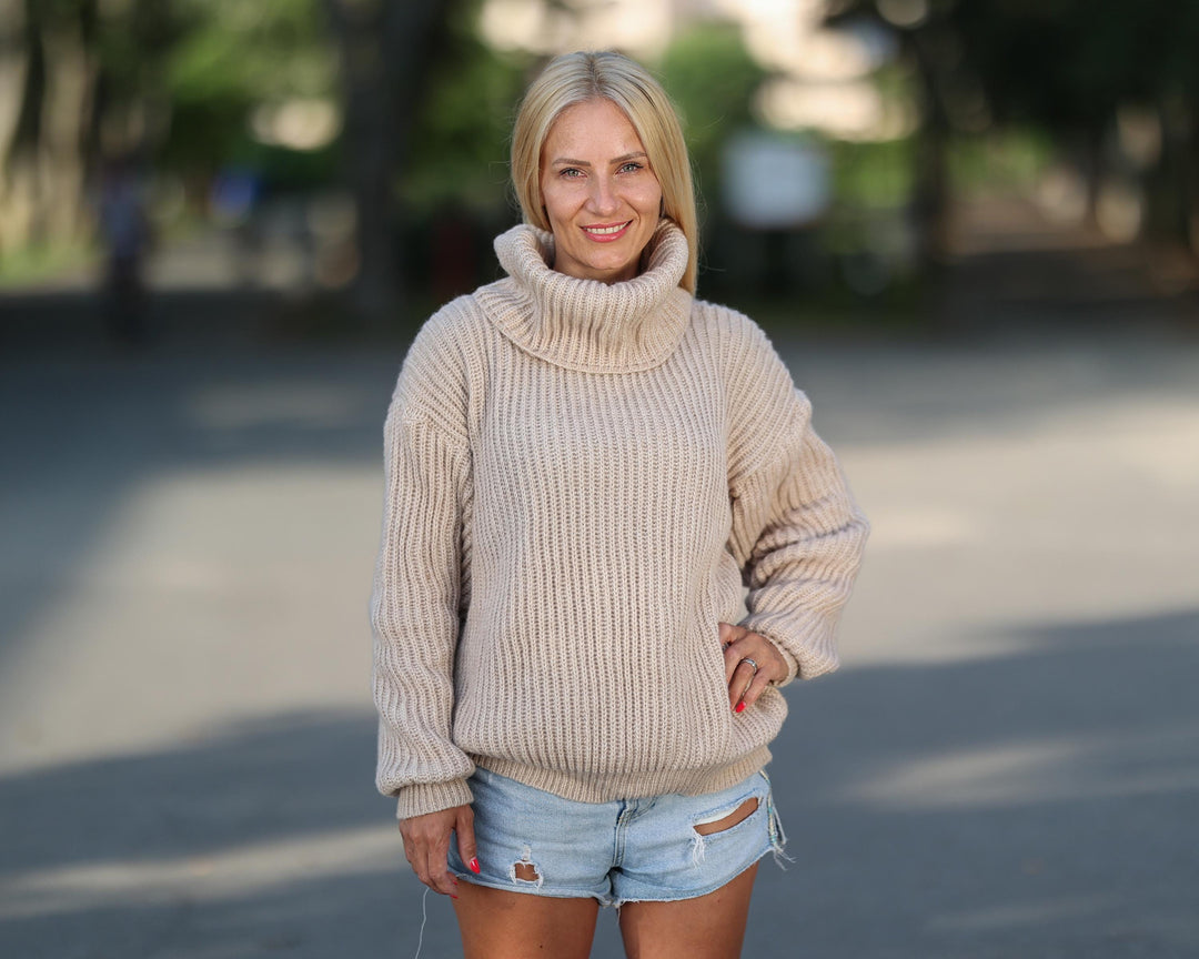 One available in size XL, Hand Knitted English Rib Alpaca Sweater for Women T1767