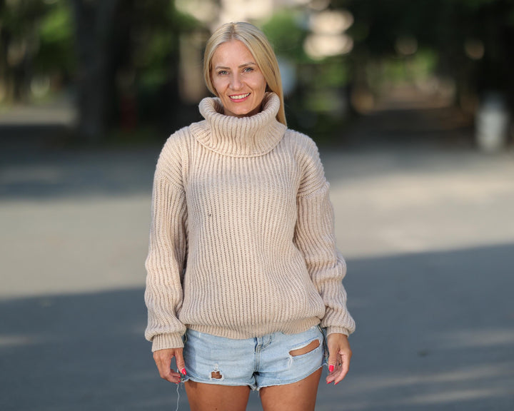 One available in size XL, Hand Knitted English Rib Alpaca Sweater for Women T1767