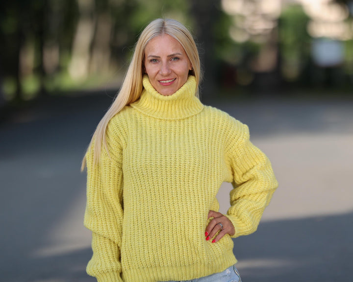Yellow Alpaca Fisherman Rib Sweater, Hand Knitted Soft Warm Pullover T1769