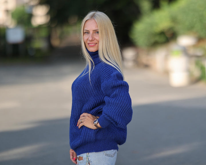 Blauer Alpaka Fischer Rippstrickpullover, handgestrickter weicher englischer Rippstrickpullover, Kuschelpullover T1771