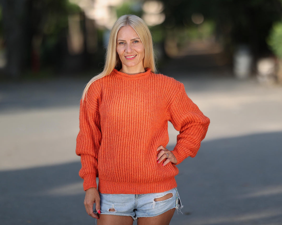 One available in size 2XL, Handmade Orange Alpaca Crew neck Sweater T1770