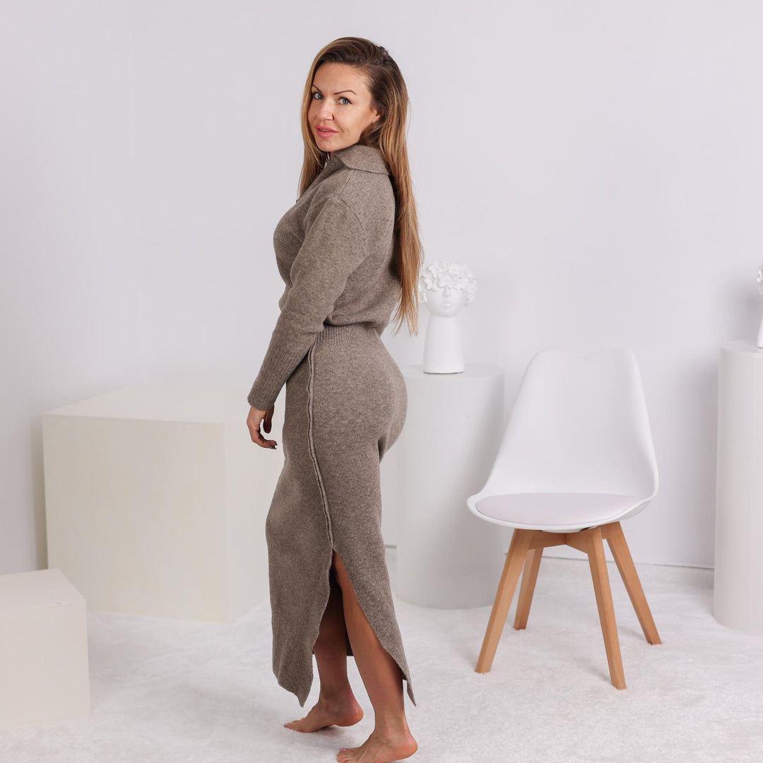 One available in size S , Dark Beige Knitted Dress – Yak and Wool Blend  T1798