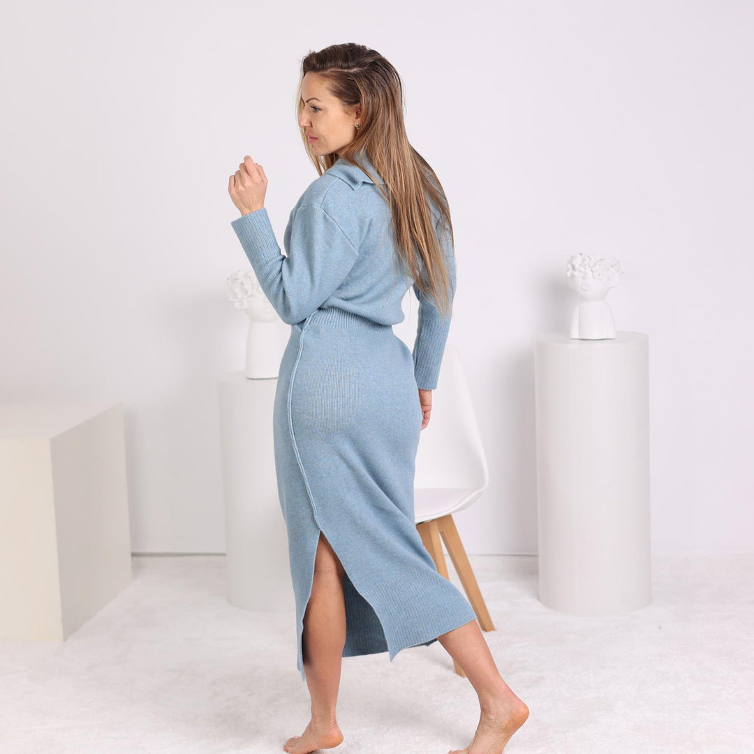 One available in size S , Blue Knitted Midi Dress – Yak and Wool Blend T1799