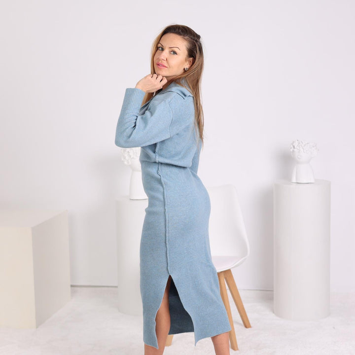 One available in size S , Blue Knitted Midi Dress – Yak and Wool Blend T1799