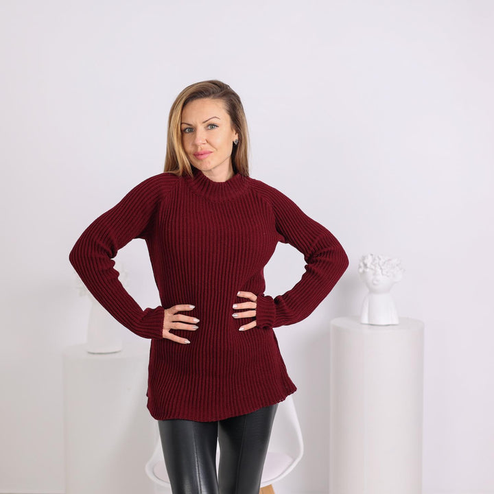 Bordeaux Cashmere Ribbed Sweater, Hand Knitted 100% Soft Wool Pullover T1808