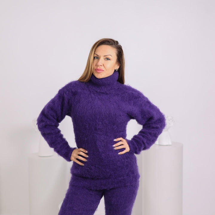 Dark Purple Mohair Overall, Hand Knitted Fluffy Sweater and Pants Set T1814