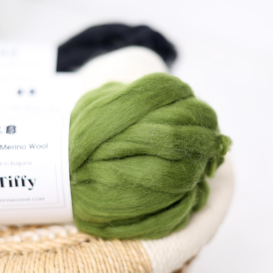 Extra Chunky Olive Green Merino Wool Yarn: Hand Spun Jumbo Roving (100g)