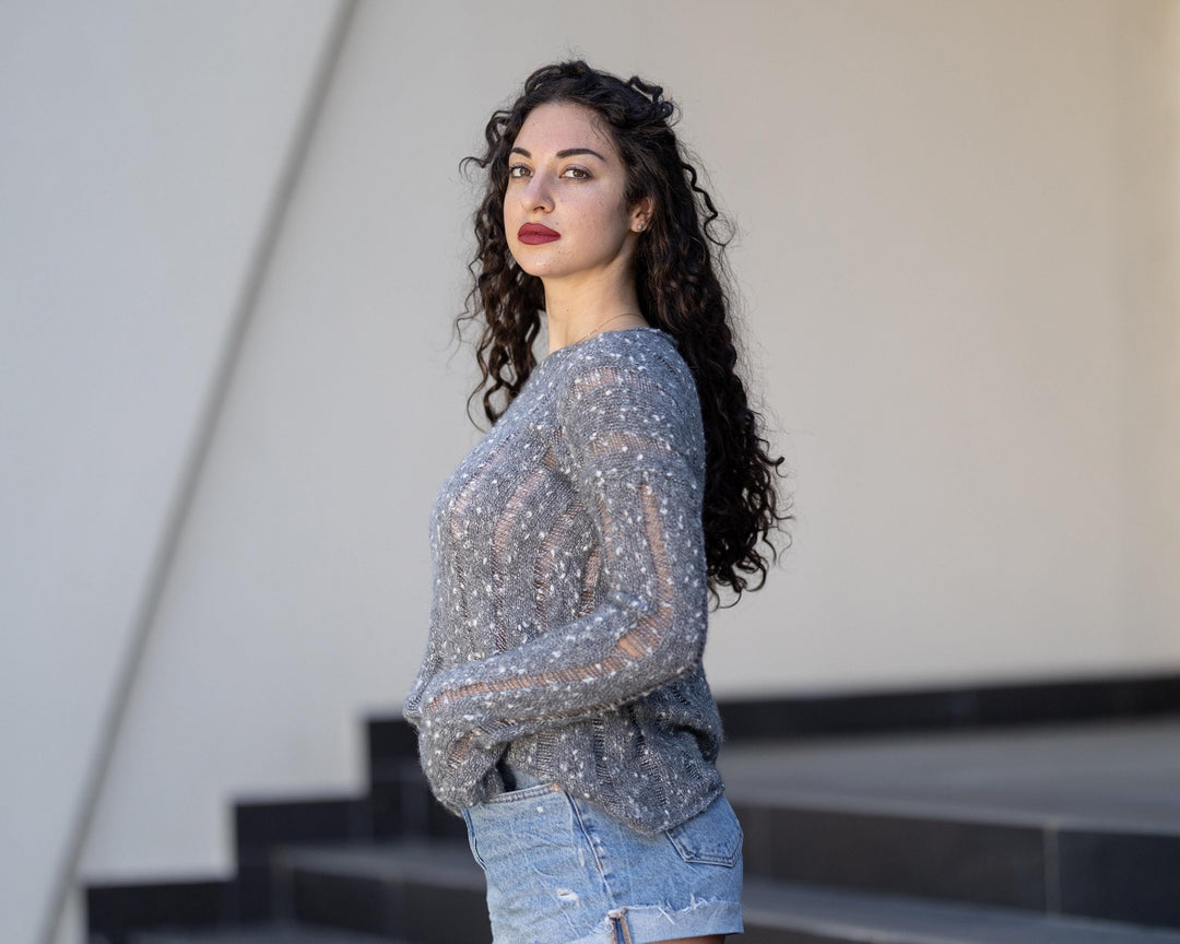 Transparent Alpaca Merino Sweater, Hand-Knitted Lightweight Sheer Pullover for Women T1778