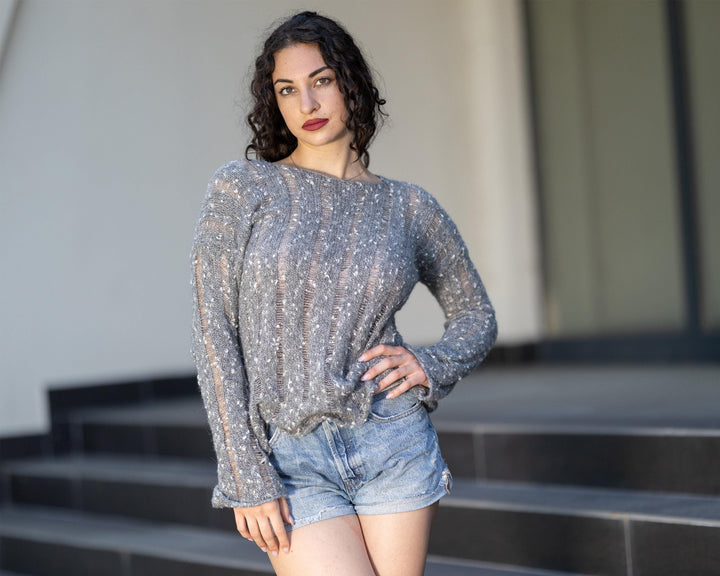 Transparent Alpaca Merino Sweater, Hand-Knitted Lightweight Sheer Pullover for Women T1778