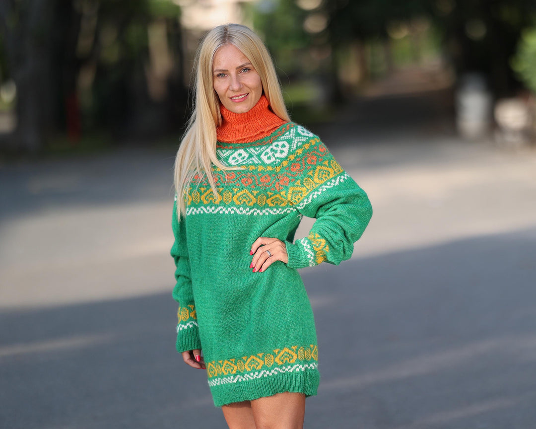 One available in size 4XL, Green Scandinavian Sweater with Colorful Nordic Patterns T1772