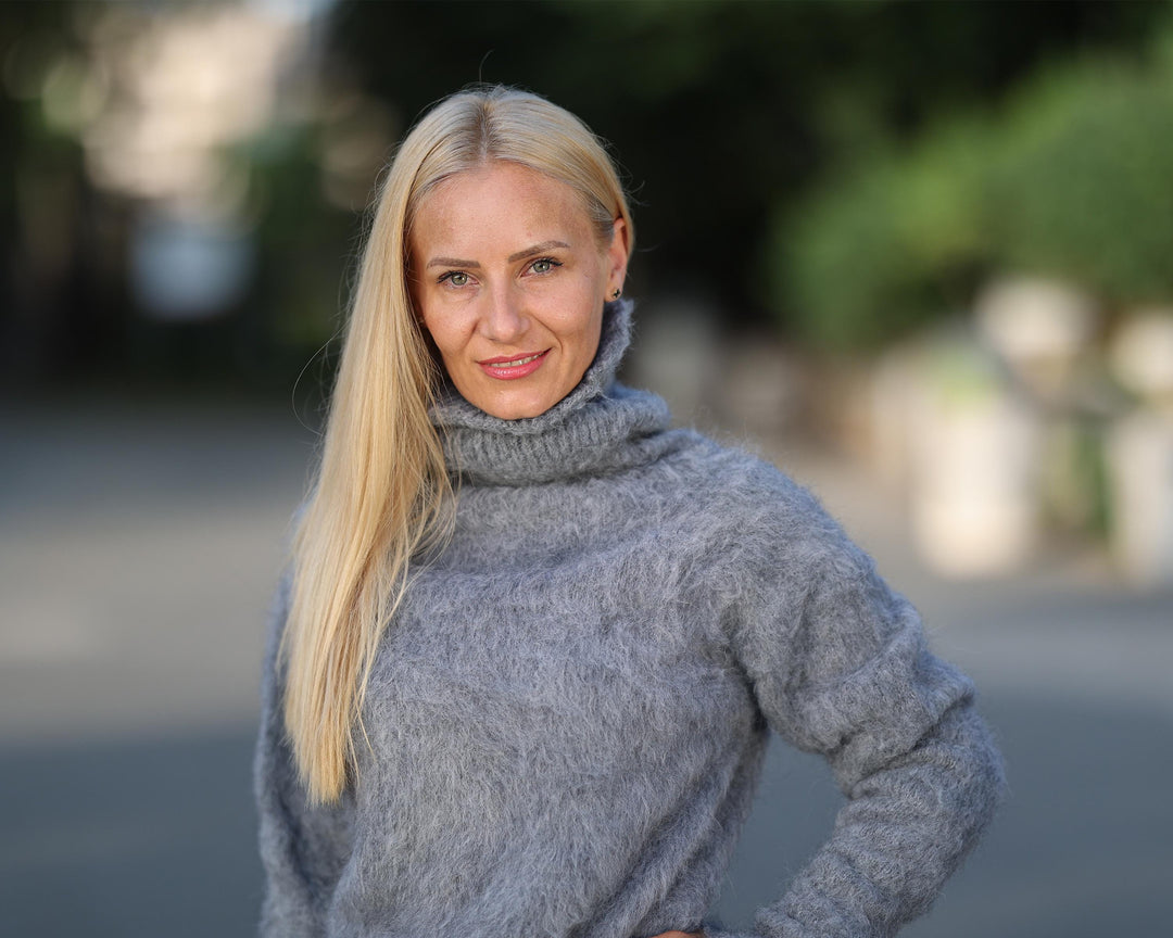 Gray Fluffy Alpaca and Merino Jumper, Hand-Knitted Brushed Sweater in Soft Natural Yarn T1763