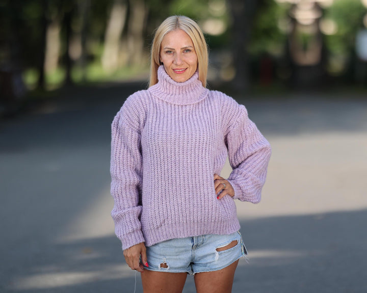 One available in size XL, Hand Knitted Purple Alpaca Sweater in Fisherman Rib T1768