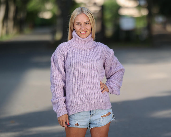 Purple Alpaca Sweater, Hand Knitted English Rib Pullover, Fisherman Rib Winter Jumper T1768