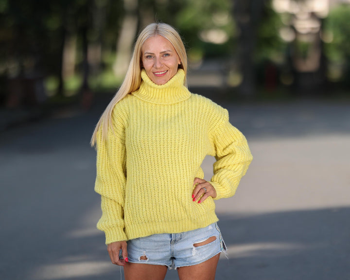 Yellow Alpaca Fisherman Rib Sweater, Hand Knitted Soft Warm Pullover T1769