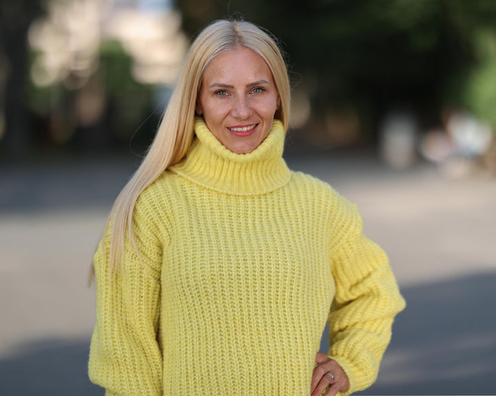 Yellow Alpaca Fisherman Rib Sweater, Hand Knitted Soft Warm Pullover T1769
