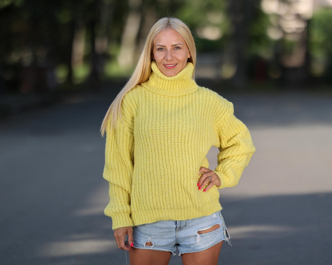 Yellow Alpaca Fisherman Rib Sweater, Hand Knitted Soft Warm Pullover T1769