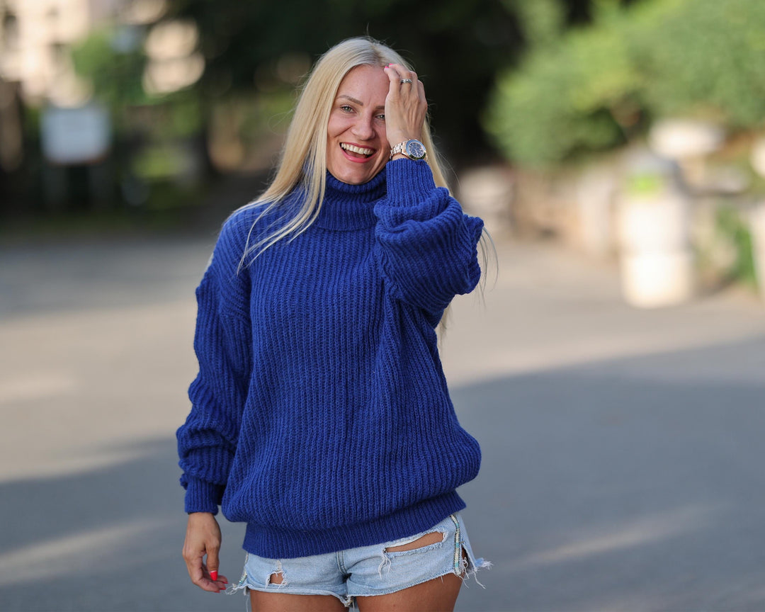One available in size 2XL, Hand Knitted Blue Alpaca  Pullover for Winter T1771