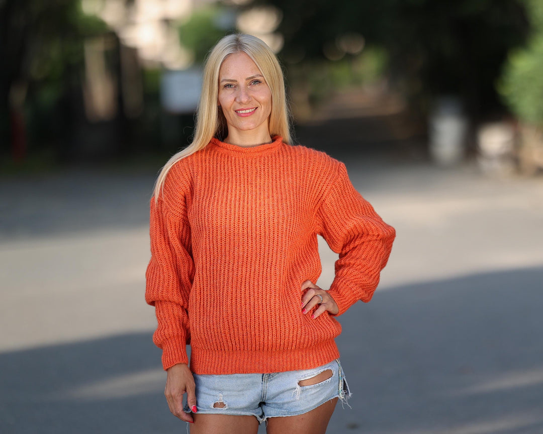 Orange Alpaca Crewneck Sweater, Hand Knitted Women’s English Rib Pullover, Warm Winter Jumper T1770