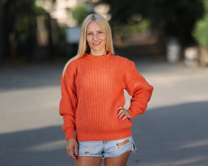 Orange Alpaca Crewneck Sweater, Hand Knitted Women’s English Rib Pullover, Warm Winter Jumper T1770