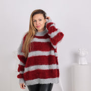 Gray and Bordeaux Striped Alpaca Merino Sweater T1789