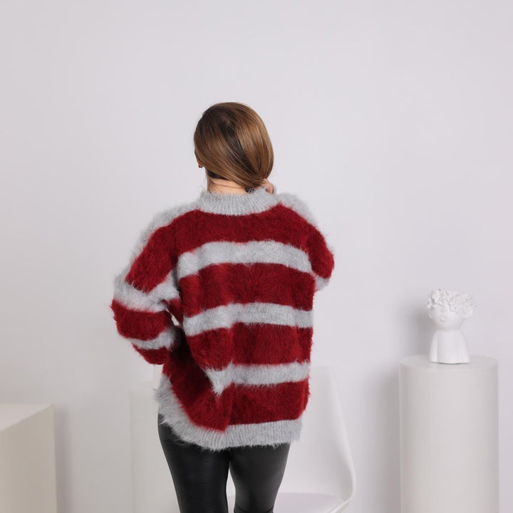 Fluffy Striped Alpaca Sweater, Extra Soft Hand-Knitted Cozy Pullover for Warmth and Comfort T1789