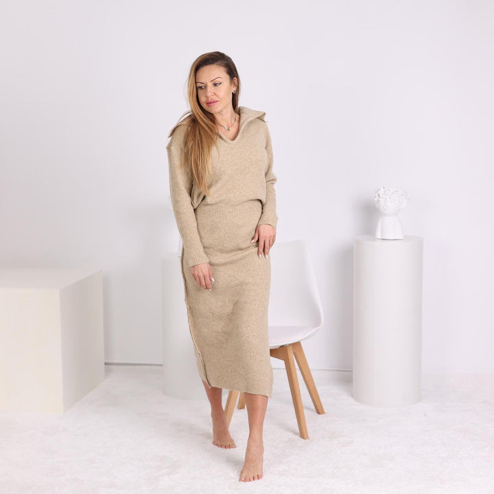 Beige Yak Wool Sweater Dress, Hand Knitted Soft Long Sleeve Midi Dress T1797