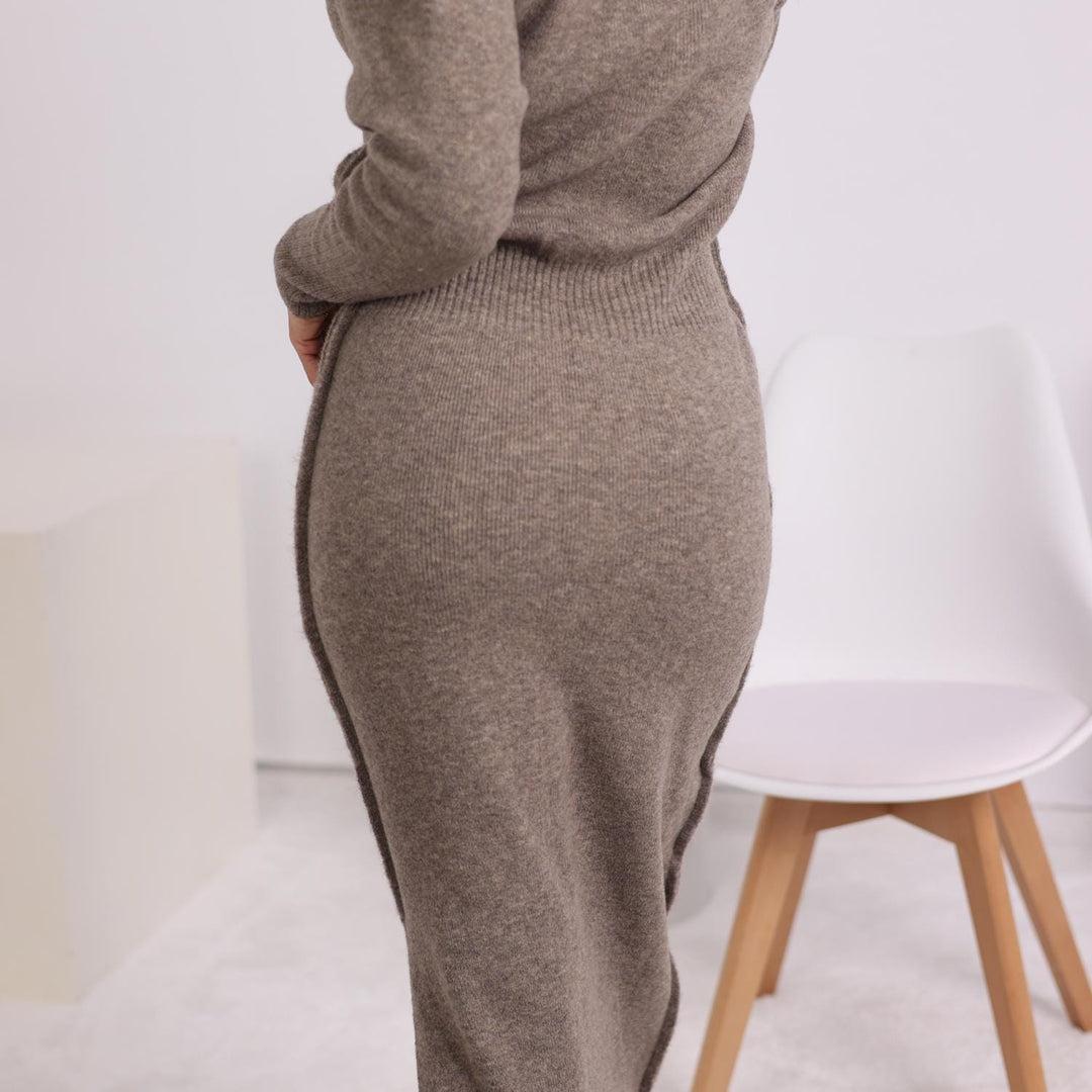 Dark Beige Yak Wool Sweater Dress, Hand Knitted Long Midi Dress with Slit T1798