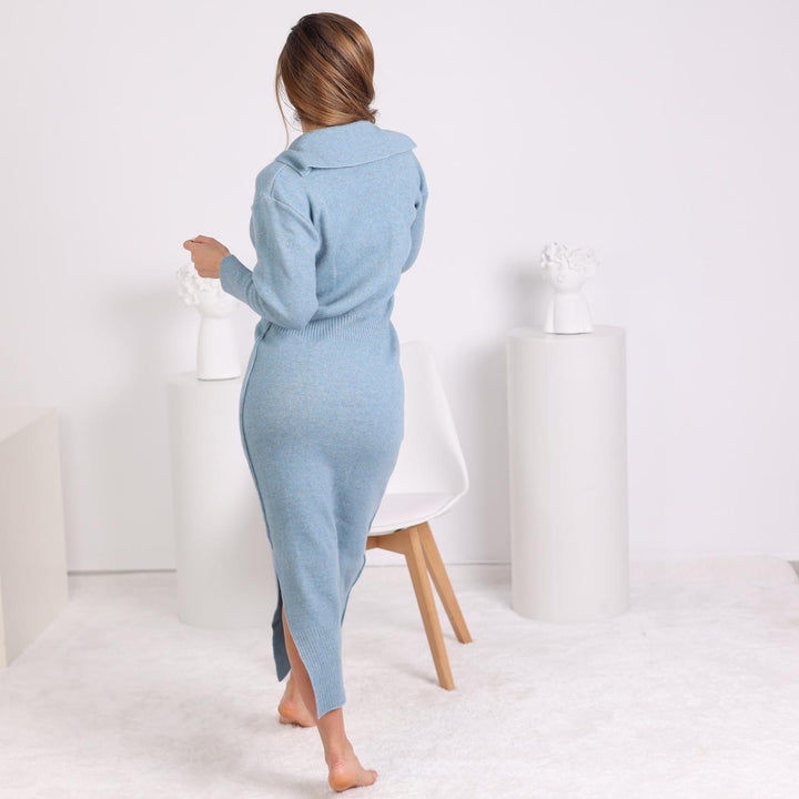 One available in size S , Blue Knitted Midi Dress – Yak and Wool Blend T1799