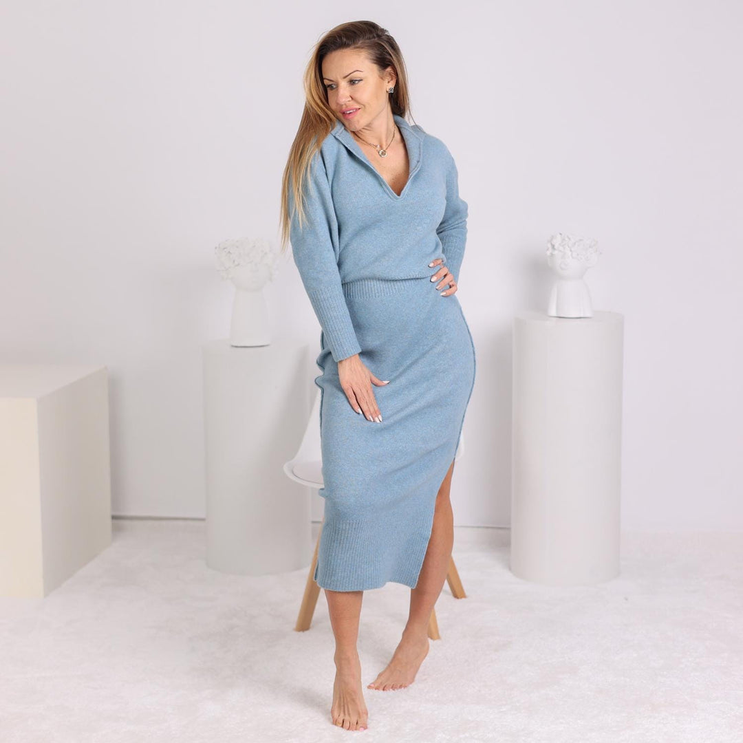 Sky Blue Yak Wool Sweater Dress, Hand Knitted Soft Long Sleeve Midi Dress T1799