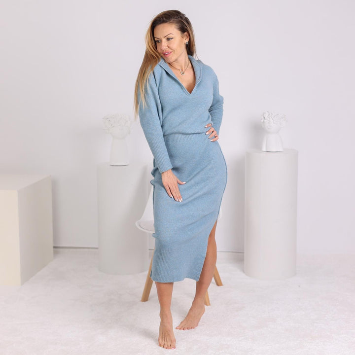 Sky Blue Yak Wool Sweater Dress, Hand Knitted Soft Long Sleeve Midi Dress T1799