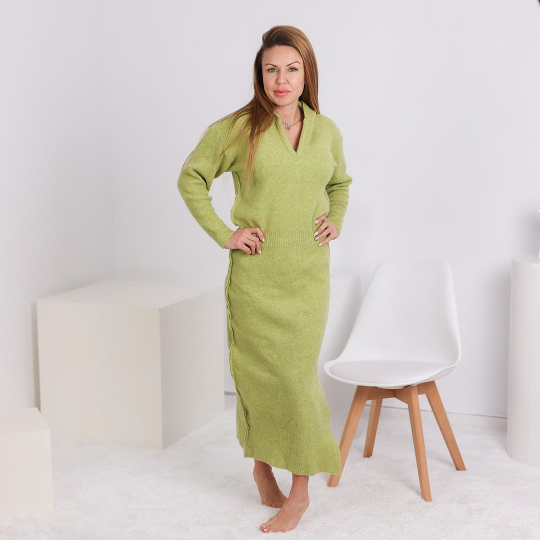 Lime Green Yak Wool Sweater Dress, Hand Knitted Soft Long Sleeve Midi Dress T1801