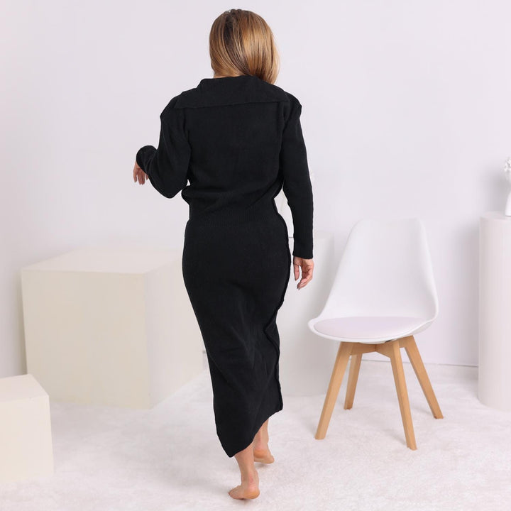 Black Yak Wool Sweater Dress, Hand Knitted Elegant Long Sleeve Midi Dress T1802