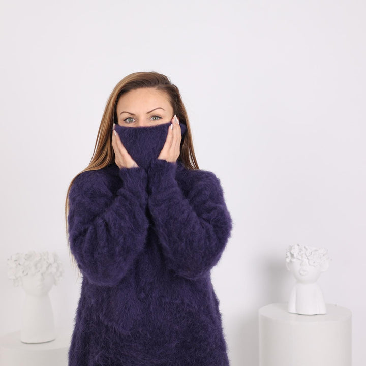 Dark Purple Fluffy Alpaca Sweater, Hand-Knitted Soft Warm Turtleneck Pullover T1805