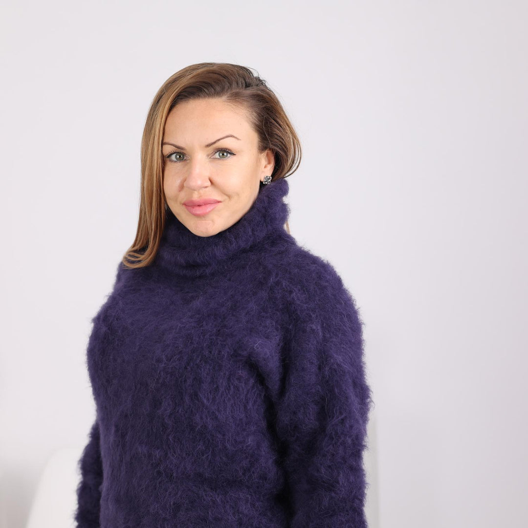 One available in size L , Dark Purple Fluffy Alpaca Sweater – Hand-Knitted Turtleneck T1805