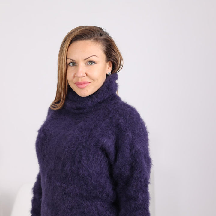 Dark Purple Fluffy Alpaca Sweater, Hand-Knitted Soft Warm Turtleneck Pullover T1805