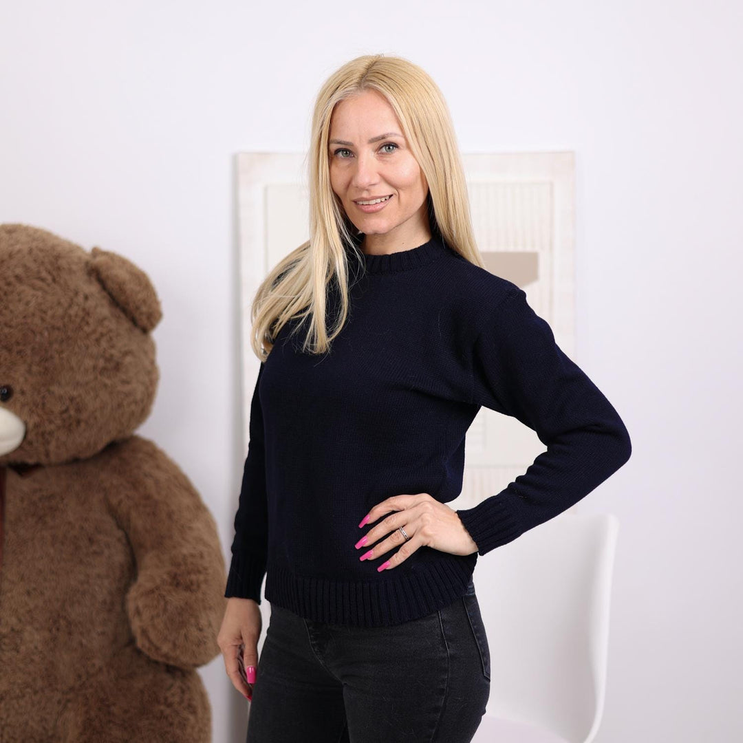 Navy Blue Cashmere Sweater, Hand Knitted Soft Lightweight Crewneck Pullover T1822