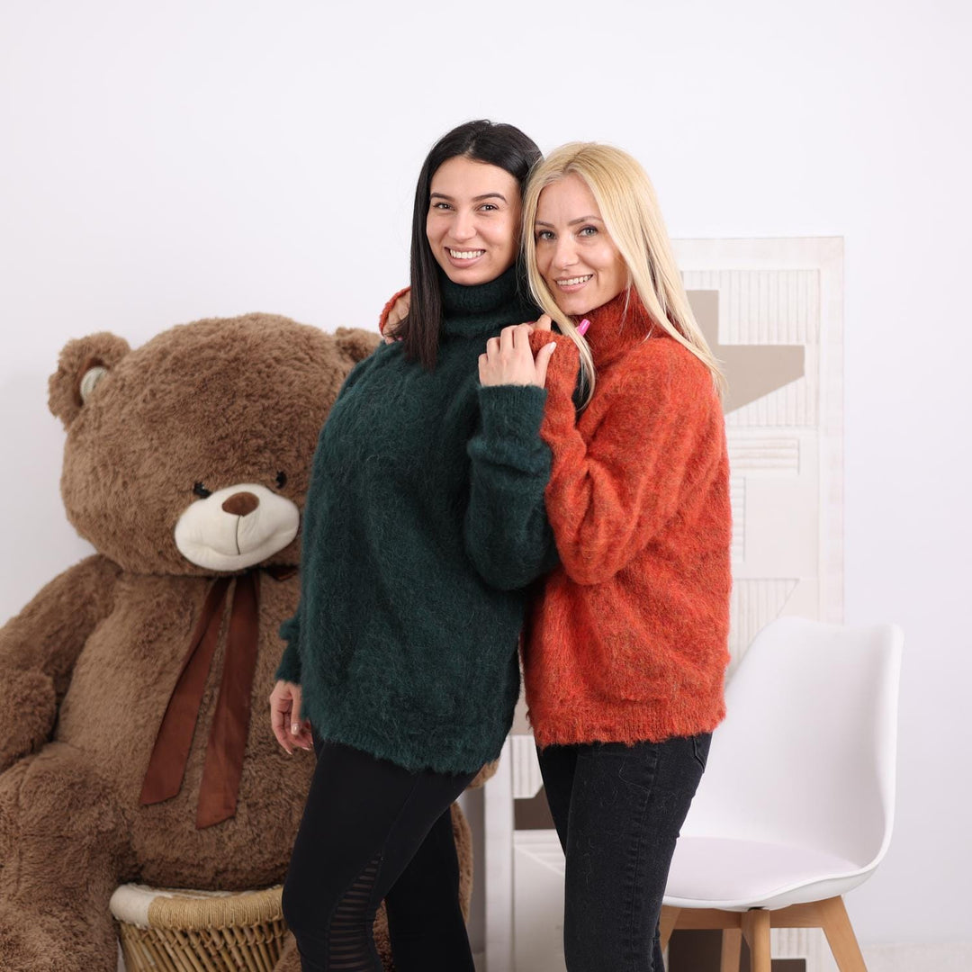 Green Alpaca Sweater, Hand-Knitted Fuzzy Soft Oversized Chunky Turtleneck Pullover T1824
